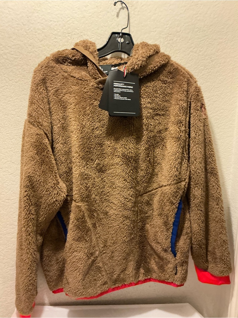 NWT Moncler maglia con cappuccio Sherpa Crewneck Hoodie Blue & Red Accents